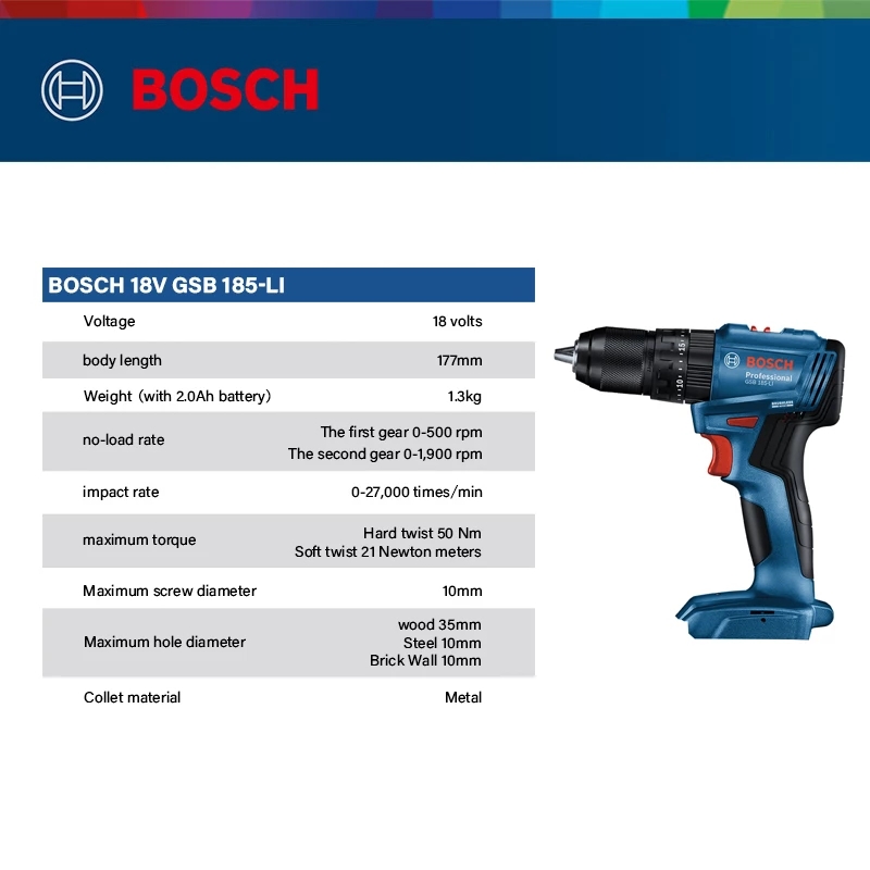 Bosch Drill Gsb 18V - ボッシュ GSB 185-LI 18V ブラシレスコードレスインパクトドリル 1900RPM